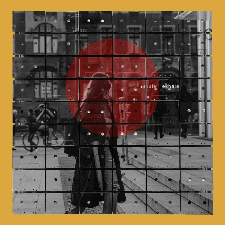 Black and white photo of a woman walking up stone steps in an urban setting with people and bicycles in the background, featuring a large red circle overlay with the words 'inhale exhale' inside.