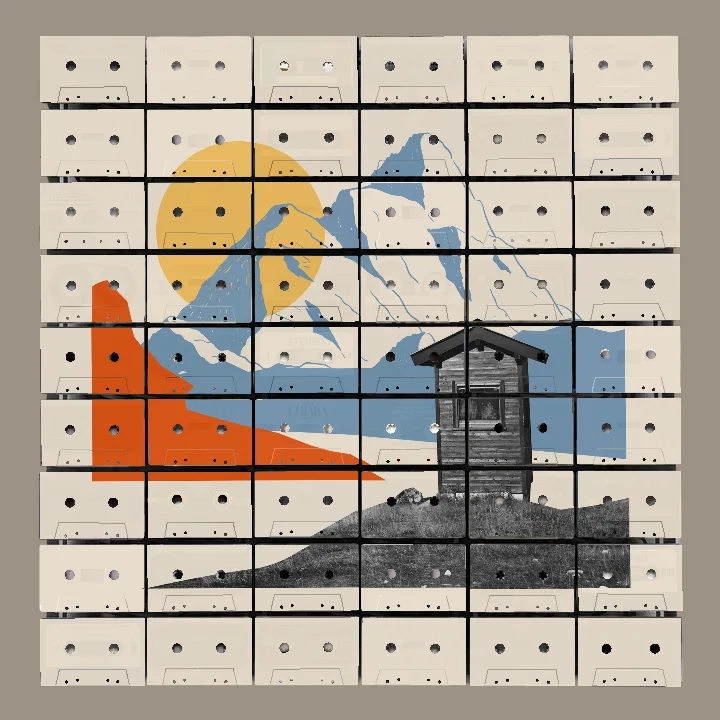 Collage artwork featuring a small wooden cabin on grassy hill foreground in black and white, with stylized blue mountains, orange cliff, and yellow sun on a beige background.