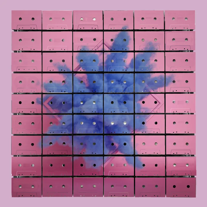 Blue smoke explosion coming out of a pink diamond-shaped frame against a pink background.