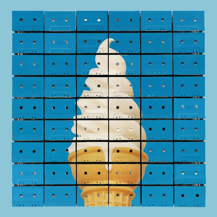 Close-up of a vanilla soft serve ice cream cone with a drip on the cone against a clear blue sky background.