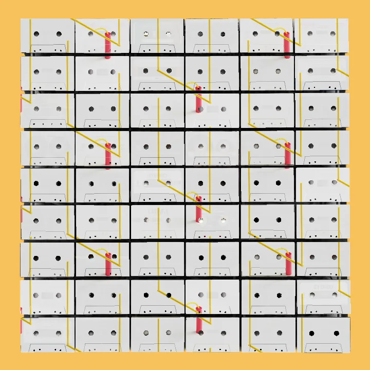 Multiple yellow American football goalposts with red cylindrical bases arranged in a repeating pattern on a white surface.